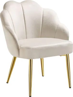 A cream-colored armchair with gold legs, shown against a white background.