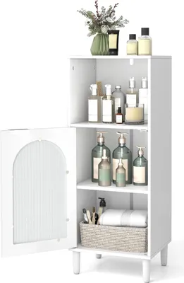 Produktbild von Badezimmer-Aufbewahrungsschrank, Eckschrank mit herausnehmbarem Regal & geriffelter Sicherheitsglastür, schmaler Toilettenpapierhalter, Weiß