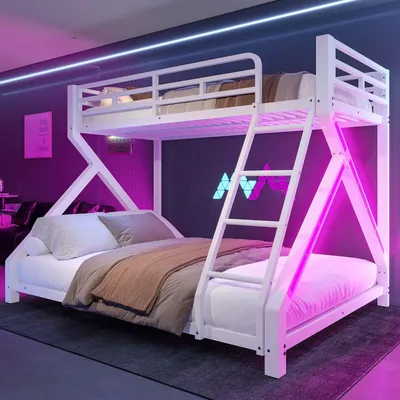 A modern bedroom with a white metal bunk bed illuminated by pink and blue LED lights.
