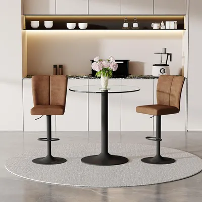 Produktbild von Bar-Set, 89 cm runder Glastisch + 2 drehbare Barhocker, brauner Technologie-Stoff, schwarz-metallisch