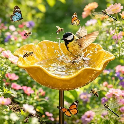 Produktbild von 1 Stuick,Vogeltränke Blume aus Metall,Handgefertigter Gartenstecker,Winterfeste Vogeltränke & Insektentränke,Bienentränke für Garten und Terrasse,Gelb