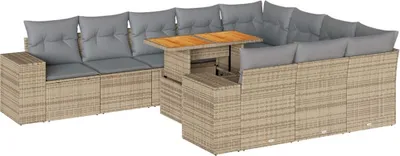 Produktbild von Modulare Garten-Sofagarnitur 10-tlg., Loungemöbel mit Stauraum, PE-Rattan & Akazienholz, Beige, Kissen Hellgrau, UV-beständig