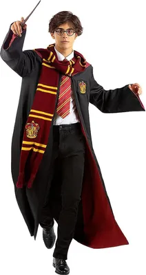A person wearing a Harry Potter Gryffindor costume, holding a wand.