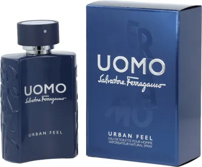 A bottle of Salvatore Ferragamo Uomo Urban Feel Eau de Toilette for men and its packaging are displayed against a white background.