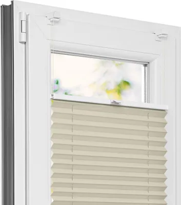 A close-up view of a beige pleated blind installed on a white window frame.