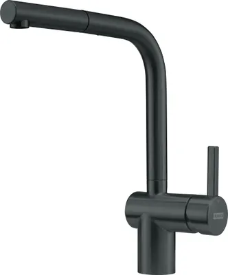 A black kitchen faucet against a white background.