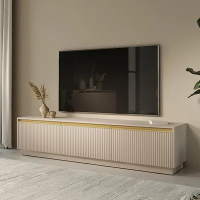 Produktbild von 180 cm TV-Schrank im Glamour Stil Imperial 3-türig Lowboard mit gefräste Fronten stilvoll Fernsehschrank mit Griffe im gebürstetem Gold, Farbe: Sandbeige / Beige