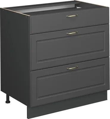A dark gray kitchen base cabinet with three drawers and gold handles, shown from a three-quarter front view.