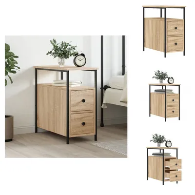 A bedside table with two drawers and a shelf, decorated with a plant and a clock.