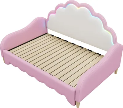 A pink bed frame with a cloud-shaped headboard and LED lighting.