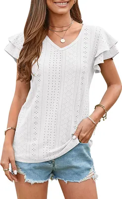 Produktbild von ASKSA Damen T-Shirt Rüschenärmel Bluse Sommer Elegant Oberteile Casual V-Ausschnitt Loose Shirts, Weiß, XXL