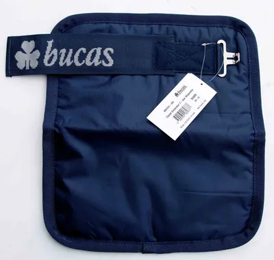 A navy blue Bucas chest extender with a tag attached.