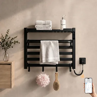 Immagine prodotto di S'AFIELINA Scaldasalviette elettrico bagno con ripiano 450 × 600 mm 155 W Nero,Termoarredo elettrico bagno WiFi con app