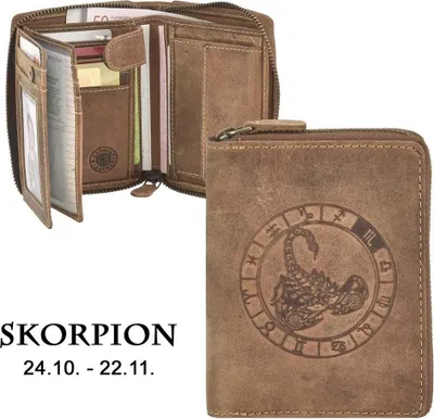 Produktbild von Greenburry Geldbörse Herren Leder braun antik Vintage mit Sternzeichen Prägung Portemonnaie mit Reißverschluss 821A-SKORPION