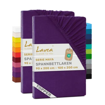 Produktbild von Lavea® 2er Topper Spannbettlaken 90x200cm - 100x200cm, Bettlaken 100% Baumwolle Jersey, mit Rundumgummizug, für Matratzen bis 12 cm Höhe, weich, formstabil, langlebig, Dunkellila