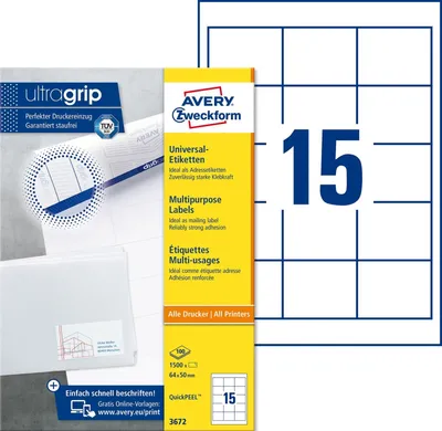 Produktbild von Universal-Etiketten ultragrip 64x50 mm VE=5x1.500 Etiketten / 100 Bogen weiß