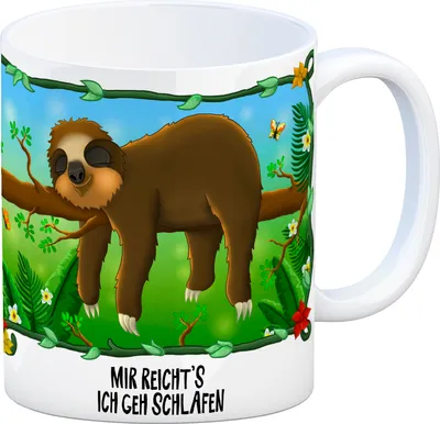 Produktbild von Kaffeebecher mit Faultier auf Baum Motiv und Spruch: Mir reicht's ich geh