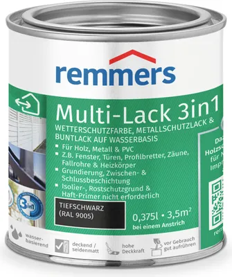 Produktbild von Remmers Multi-Lack 3in1 tiefschwarz (RAL 9005) 0,375 l, Lackfarbe