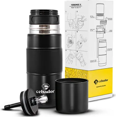 Obrázek produktu pro Cebador – Termoska Yerbomos X All-in-One Mate, černá, 450 ml – 3 v 1: termoska, matero, bombilla – dvojitá stěna – udržuje teplotu