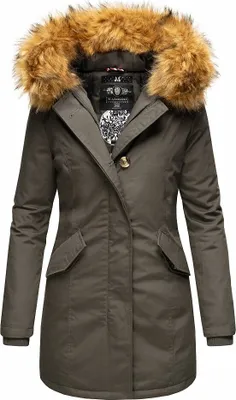 Produktbild von Marikoo Karmaa Damen Winter Jacke Stepp Parka Mantel Winterjacke warm gefüttert Anthrazit mit Dunklem Fell Gr. 34 - XS