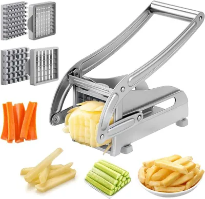 Produktbild von Pommes Frites Schneider aus Edelstahl, 2 Messergrößen (36/64), Antirutschbasis, für Gemüse und Obst