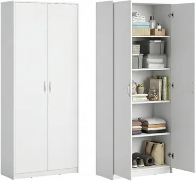 Produktbild von Schrank Mehrzweckschrank Aktenschrank Hochschrank mit 5 Fächern, 2 Türen, 74x35x180 cm, vielseitig einsetzbar für Büro, Flur, Küche, Hauswirtschaftsraum, stabil & pflegeleicht | weiß