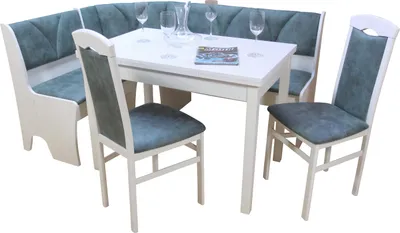 A dining set with a corner bench and chairs around a table.