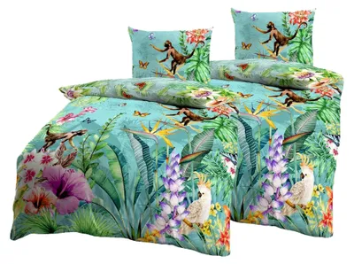 Produktbild von Kaeppel Mako Satin 4tlg. Bettwäsche Äffchen Dschungel Kakadu Schmetterling Bunt Urwald, Größe: 135x200cm