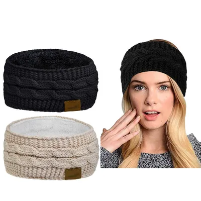 Produktbild von Damen Winter-Stirnband, flauschig, mit Fleece gefüttert, dick, Zopfmuster, Ohrwärmer,Black+ beige