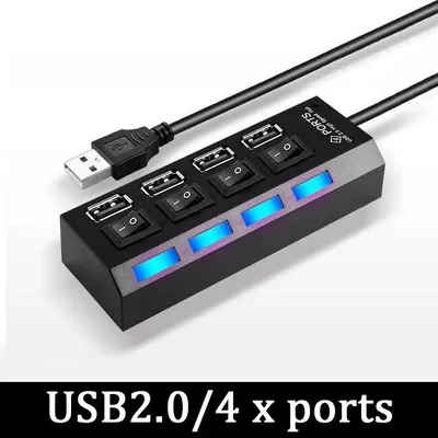 Produktbild von USB-Hub mit 4 oder 7 Ports, Einzelschaltern und LED-Anzeigen, USB 3.0/2.0 Verteiler für PC und Laptop, Schwarz - 4-port USB 2.0