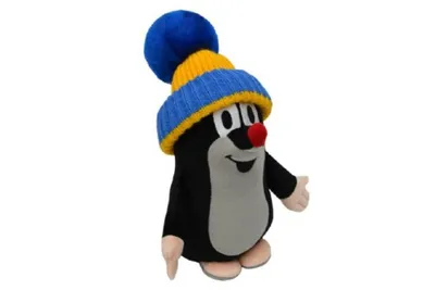 A plush toy mole wearing a hat.
