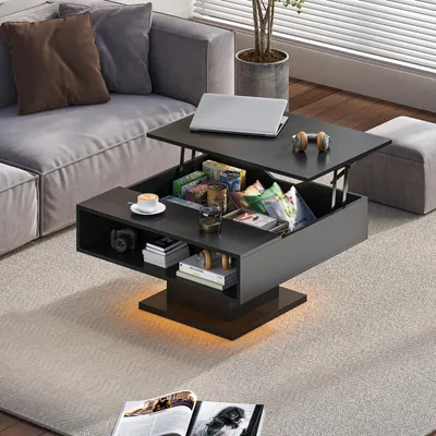 Produktbild von Radelldar Couchtisch höhenverstellbar mit LED Beleuchtung, Wohnzimmertisch mit Stauraum, 1-St. matt 78x78x40cm, Schwarz