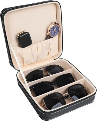 Produktbild von Reisorganizer für Sonnenbrillen mit 3 Fächern, Kunstleder, 18*18*7cm, schwarz, tragbar