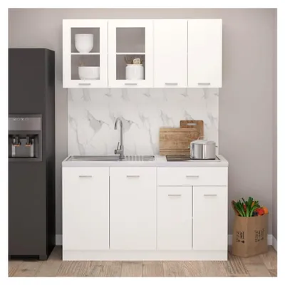 Produktbild von 4-teiliges Küchenzeilen-Set Lyon in Weiß aus Holzwerkstoff mit breitem Sideboard und Arbeitsplatte