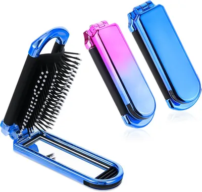 Image de Brosse à cheveux avec miroir, coffret de 2, pliable, format voyage, pour femmes et hommes, rose et bleu