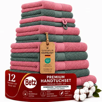 Produktbild von Betz 12-tlg. Handtuch-Set PREMIUM 2 Duschtücher 4 Handtücher 2 Gästetücher 2 Seiftücher 2 Waschhandschuhe  Farbe: himbeere / tannengrün