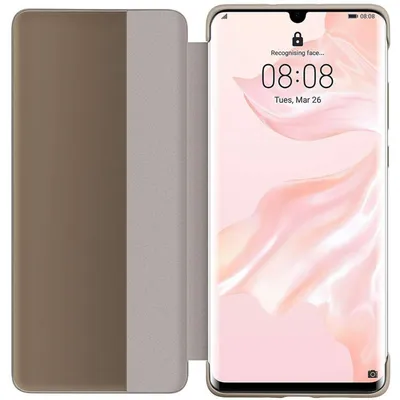 A smartphone with a book-style case open, showing the phone's screen.