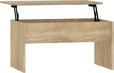 A light brown wooden coffee table with a lift-top mechanism is shown against a white background.