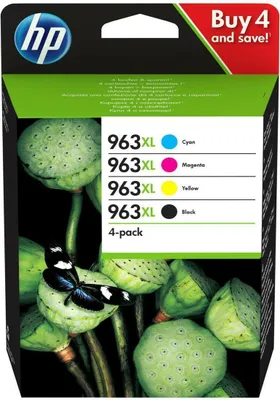 A product shot of HP 963XL ink cartridges in their packaging, featuring a butterfly on a lotus seed pod.