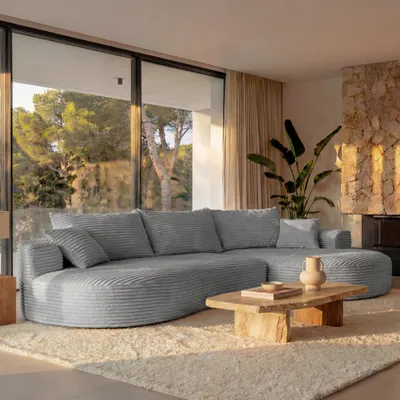 Produktbild von Sofa-Garnitur HWC-P19, 3-Sitzer Couch Loungesofa, Stoff/Textil Cord (370 g/m²) Liegefläche rechts hellgrau