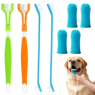 Produktbild von Hunde Zahnbürsten Set 4x Fingerbürste 2x Dreifachkopf 2x Doppelkopfbürste Silikon