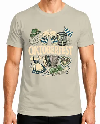 Zdjęcie produktu dla , kufel (Maßkrug), sukienka (Dirndl), precel, koszulka w tradycyjnym stylu, spodnie skórzane, męski T-shirt, kolor: naturalny, rozmiar: S