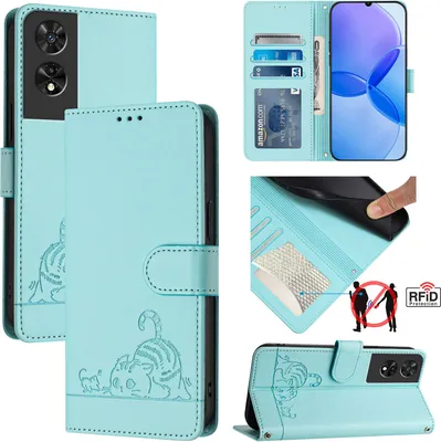 Produktbild von Leder Hülle für TCL 505 Süße Katze Flip Case Brieftasche Schutzhülle mit Standfunktion hellgrün
