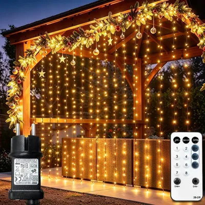 LED-Lichtgordijn 3x3 m, 300 LED warmweiß, IP65, Fernbedienung