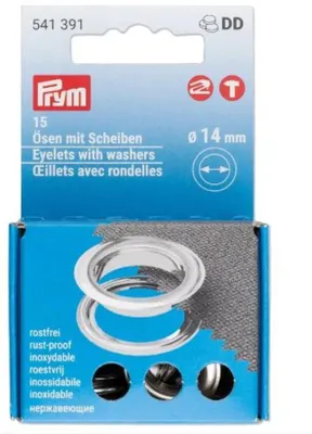 Produktbild von Prym Ösen und Scheiben, 14.0 mm, silberfarbig, Öse, Messing, Silber, 1,4 cm, 15 Stück(e), Box