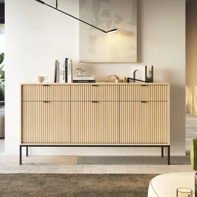 Produktbild von Moderne Geriffelte Kommode KIOTO K3D3SZ Eiche Vicenza Schwarz Gestell Schrank Sideboard
