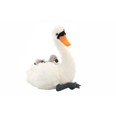 A plush toy swan with two baby swans on its back, set against a white background.