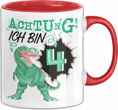 Produktbild von 4. Geburtstag Geschenk Tasse Becher Jungs Sohn T-Rex Geburtstagsgeschenk Dinosaurier Achtung Ich bin 4 (Rot)