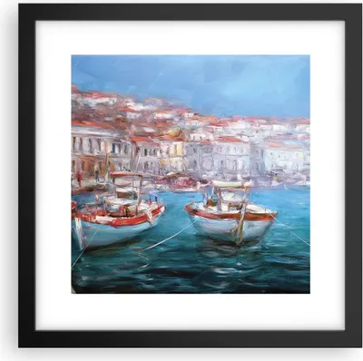 Produktbild von Gerahmtes Poster - Schwarzer Rahmen - Öl Boote Griechenland - 30x30 cm - Wand Bild - Wanddeko - Wandbilder - Kunstposter - Wandposter - Bilderrahmen - Bilder - Kunstdruck - P2BAC30x30-4467