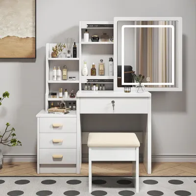 Obrázek produktu pro MODFU toaletní stolek s osvětlením, bílá kosmetická komoda, kosmetický stolek se zrcadlem, taburetem a 4 zásuvkami, 85 × 130 × 36 cm